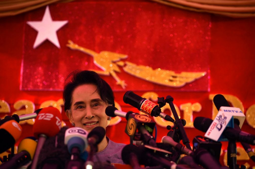 National League for Democracy chair Daw Aung San Suu Kyi speaks at a press conference at her Yangon residence on November 5, 2015, just says before a general election that the NLD won in a landslide – a result echoed by last year’s vote. (AFP)