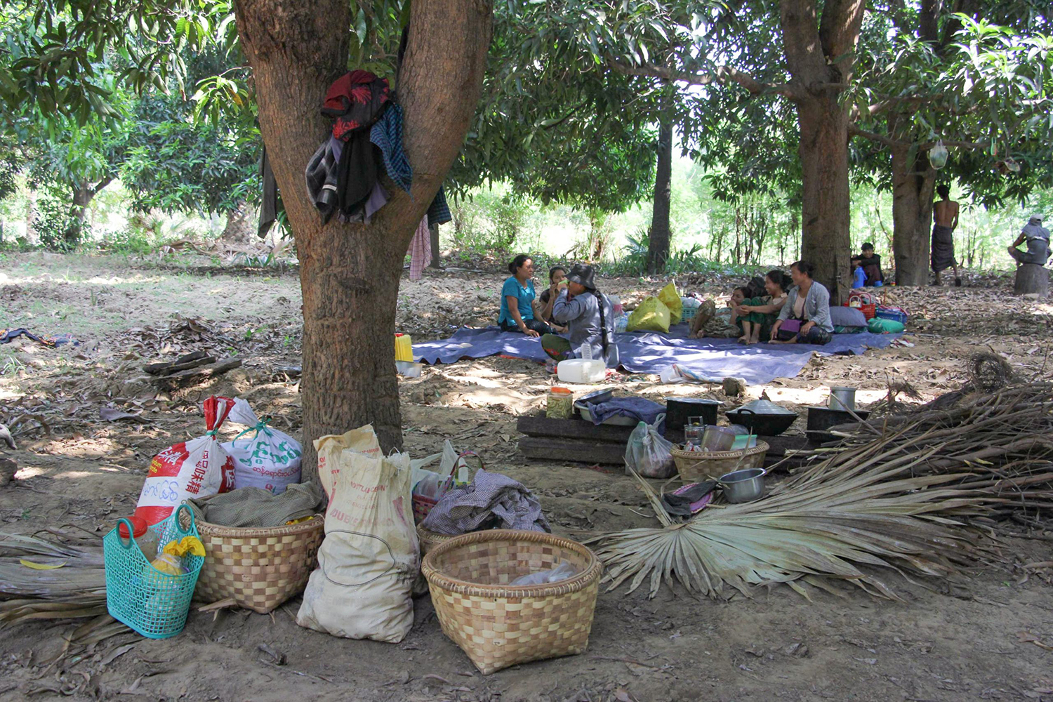 ၂၀၂၃ ခုနှစ်၊ ဧပြီလ ၂၀ ရက်နေ့က စစ်ကိုင်းတိုင်းဒေသကြီးအတွင်း ၎င်းတို့၏ ကျေးရွာ မီးရှို့ဖျက်ဆီးခံရပြီးနောက် ရိက္ခာပစ္စည်းများနှင့်အတူ နားခိုနေကြသည့် စစ်ဘေးရှောင်ပြည်သူများ။ (ပေးပို့)