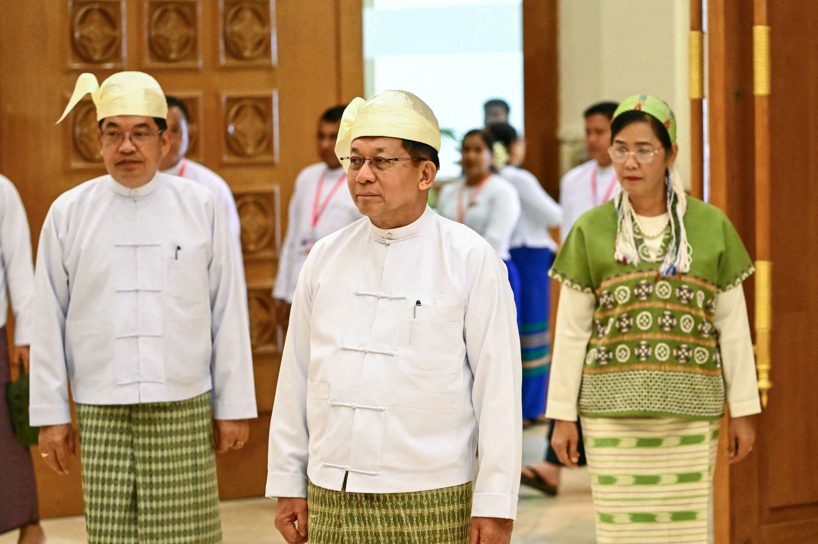 Regime president Min Aung Hlaing arrives to his sworn-in ceremony at parliament in Nay Pyi Taw on April 10. (AFP)