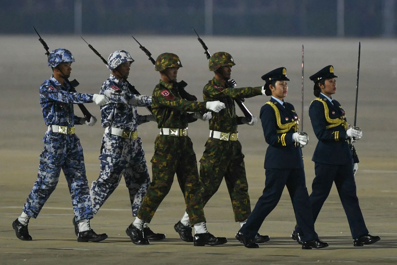 Soldiers parade during a ceremony to mark Myanmar's Armed Forces Day in Nay Pyi Taw on March 27, 2025. (AFP)