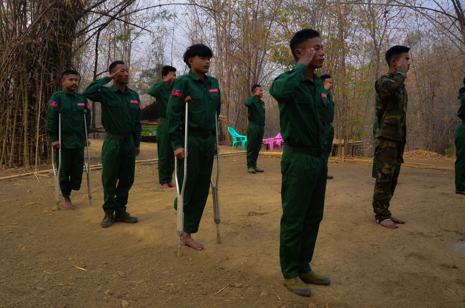 Members of the Yaw Army stand in formation at one of the group’s camps in an undisclosed location in Magway Region’s Yaw region in March. (Myo Htet Hla Thaw)