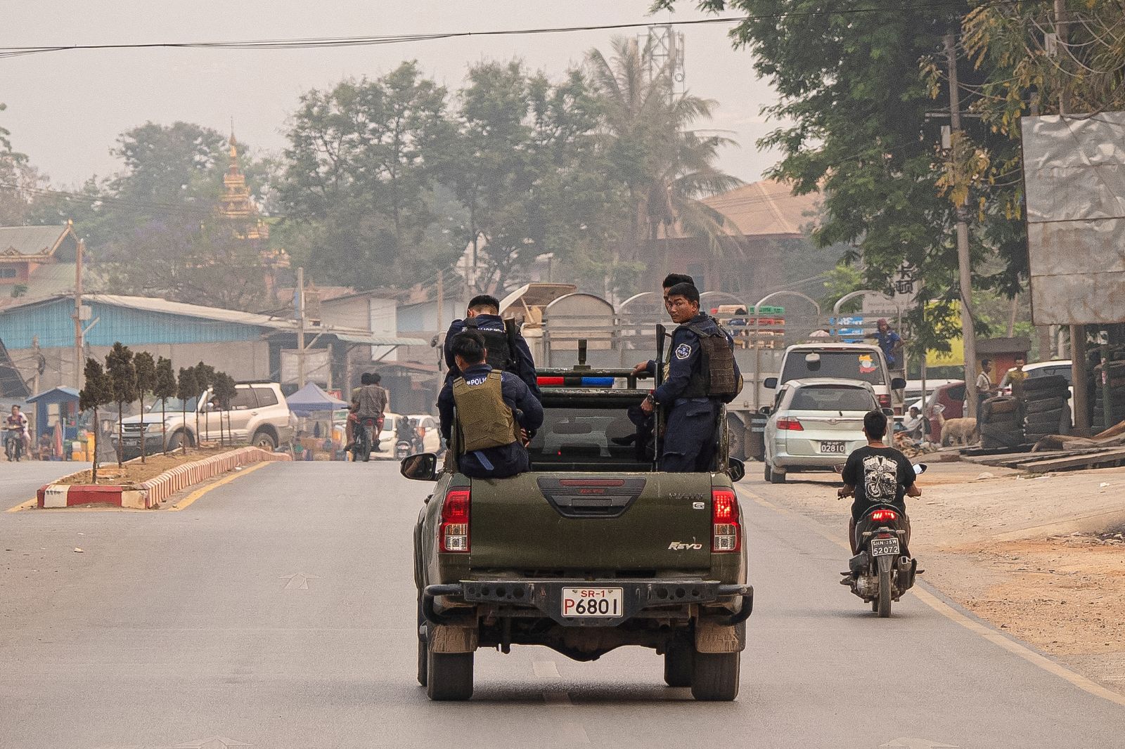 Members of the Myanmar National Democratic Alliance Army's police patrol the northern Shan State hub of Lashio on April 9, 2025 (AFP)