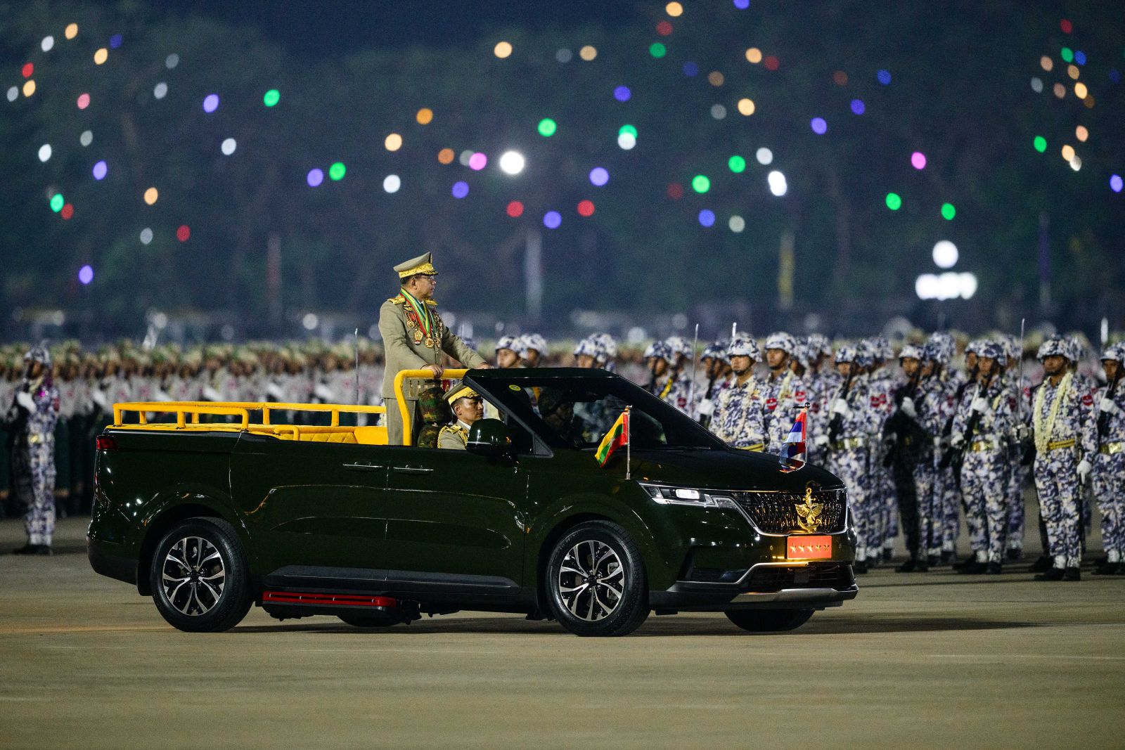 Junta chief Min Aung Hlaing inspects military troops during a ceremony to mark Myanmar's Armed Forces Day in Nay Pyi Taw on March 27. (AFP)