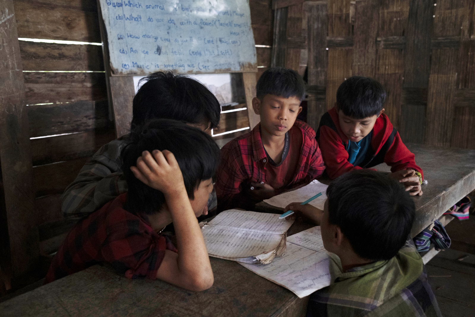 Children attend classes at a makeshift school in a camp for internally displaced people in Magway Region’s Ngape Township on July 29. (Myo Satt Hla Thaw | Frontier)