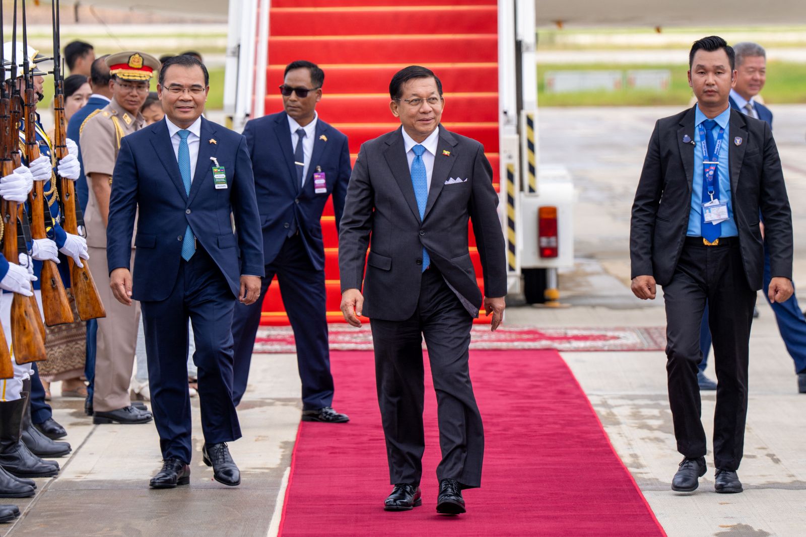 Regime president Min Aung Hlaing arrives to an official visit in Cambodia at Techo International Airport in Kandal province, on the outskirts of Phnom Penh, on September 11. (Agence Kampuchea Press | AFP)
